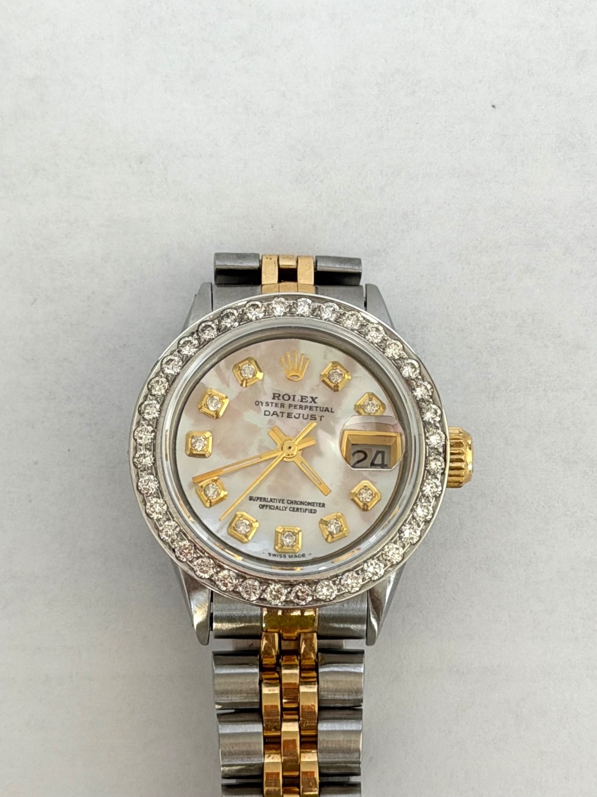ROLEX LADIES WATCH DATEJUST TWO TONE 18K. GOLD MOP DIAMOND DIAL & DIAMOND BEZEL