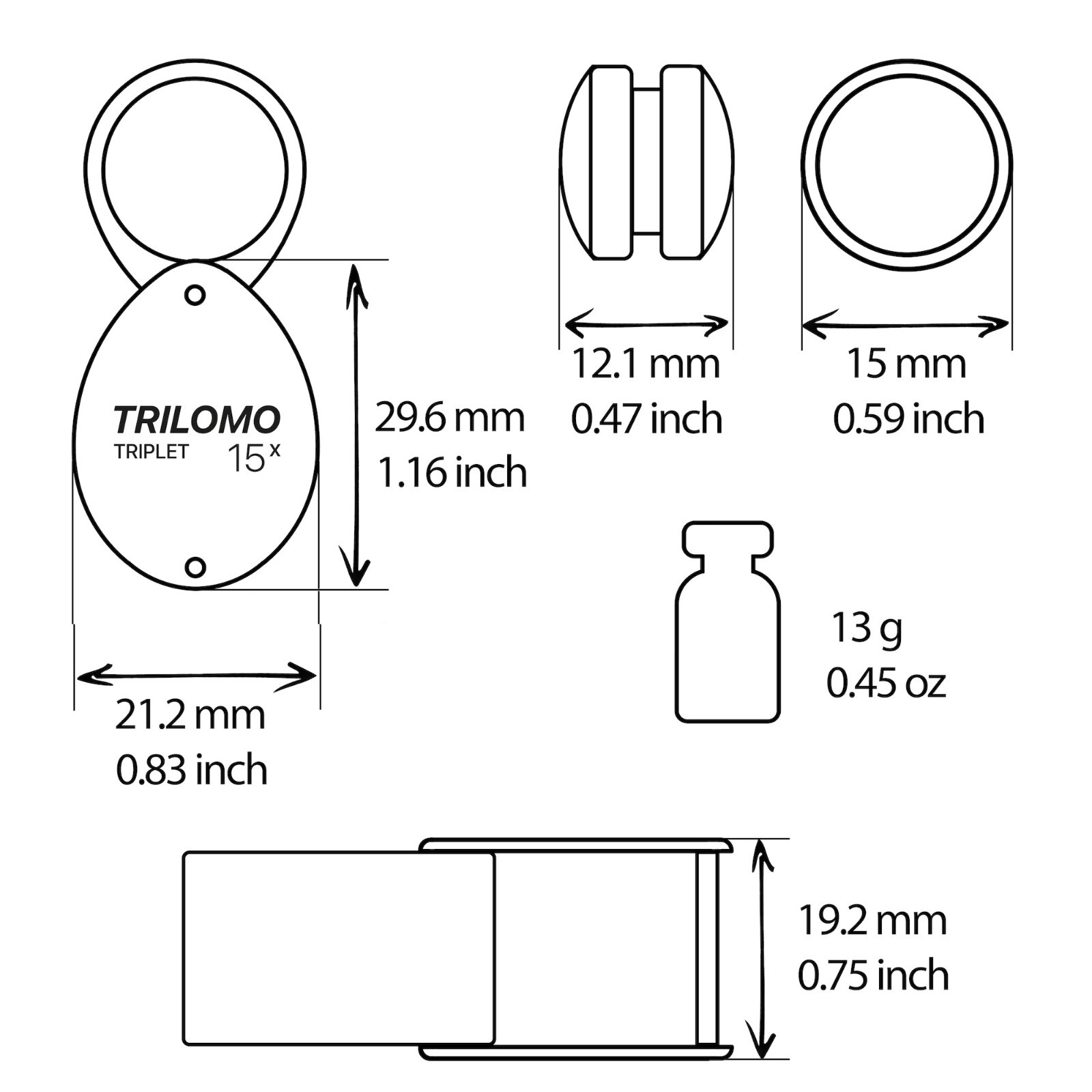 TRILOMO (ex BelOMO) 15x Triplet Loupe Magnifier. Small Black Egg. 14mm. USA