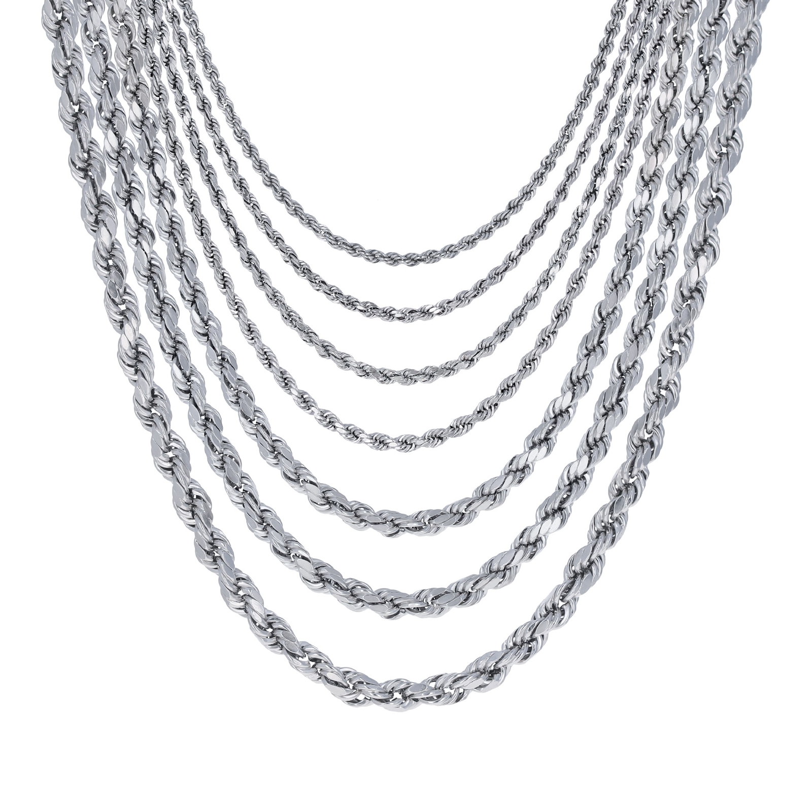14K White Gold 1.5mm-5mm Diamond Cut Rope Chain Necklace Mens Womens 14″-30″