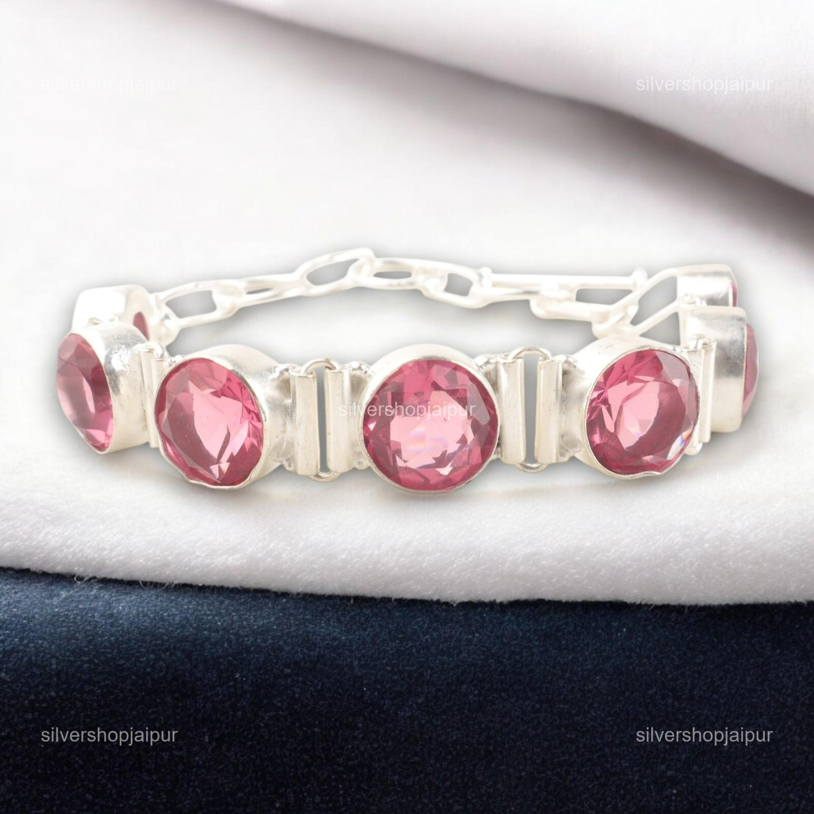 Heart Chakra Pink Tourmaline Stone Chain Bracelet Jewelry 925 Sterling Silver