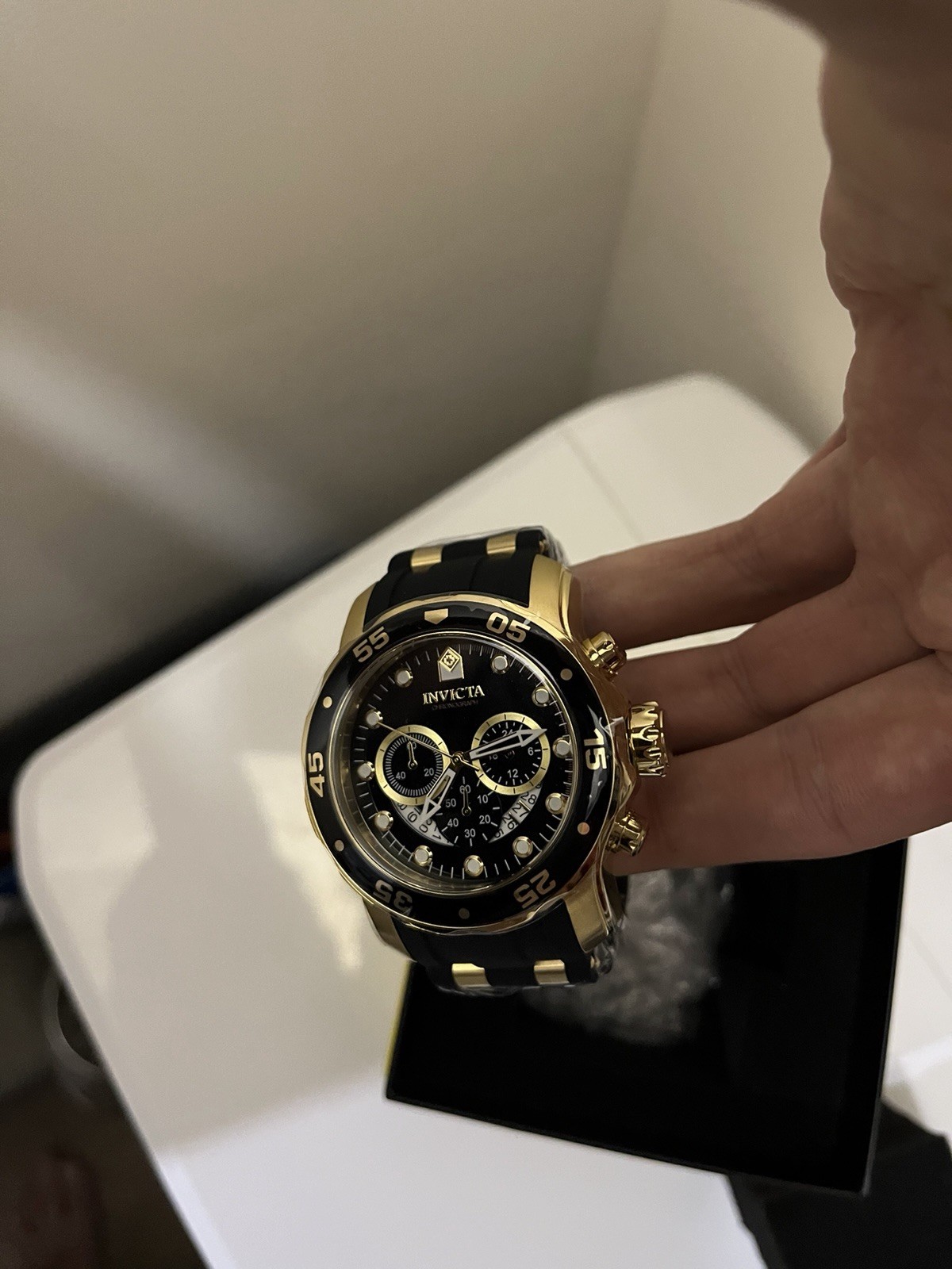 Invicta Men’s Diver Chronograph Quartz Black Dial Gold Case 48mm w/ Box