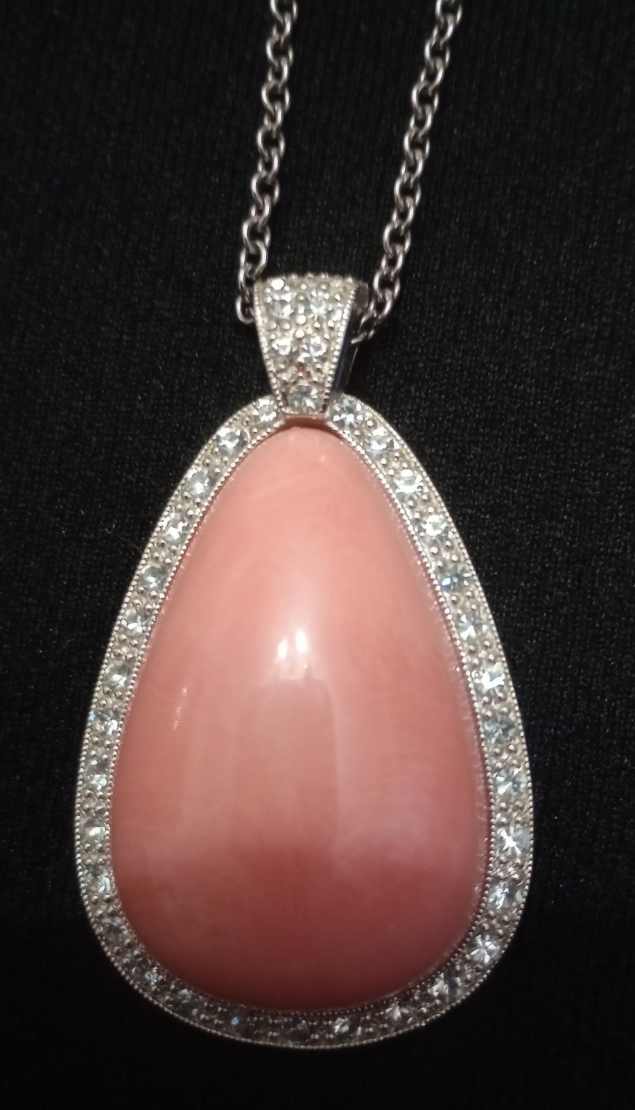 Pink Teardrop Pendant Necklace, Crystal Halo, Silver Tone Cable Chain