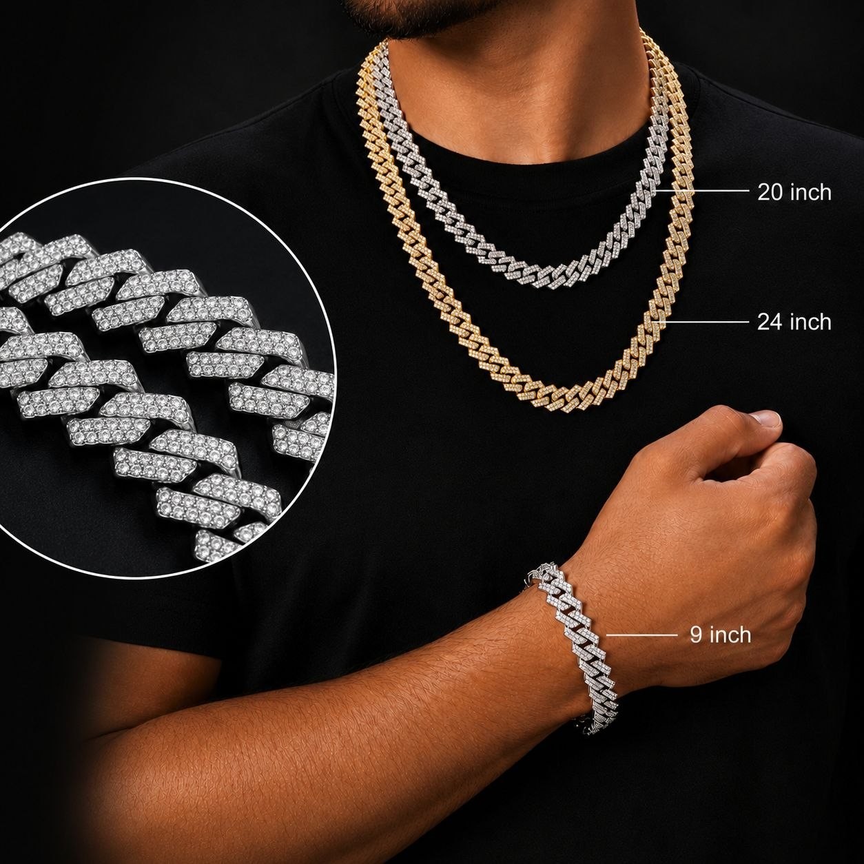 Cuban Link Chain & Bracelet Set CZ Hip Hop Iced Out Bling Gold Silver