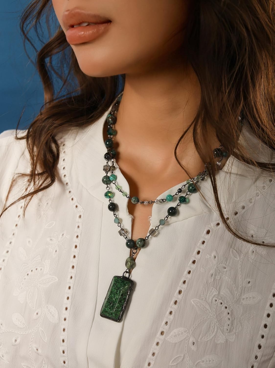 Handmade Boho Layered Necklace with Green Aventurine Pendant – Vintage Charm