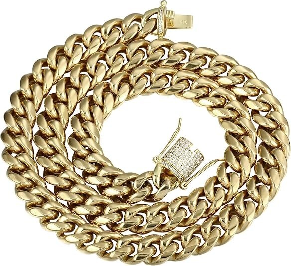 14k Gold Plated Stainless Steel Miami Cuban Link Bracelet Or Chain with CZ Clasp