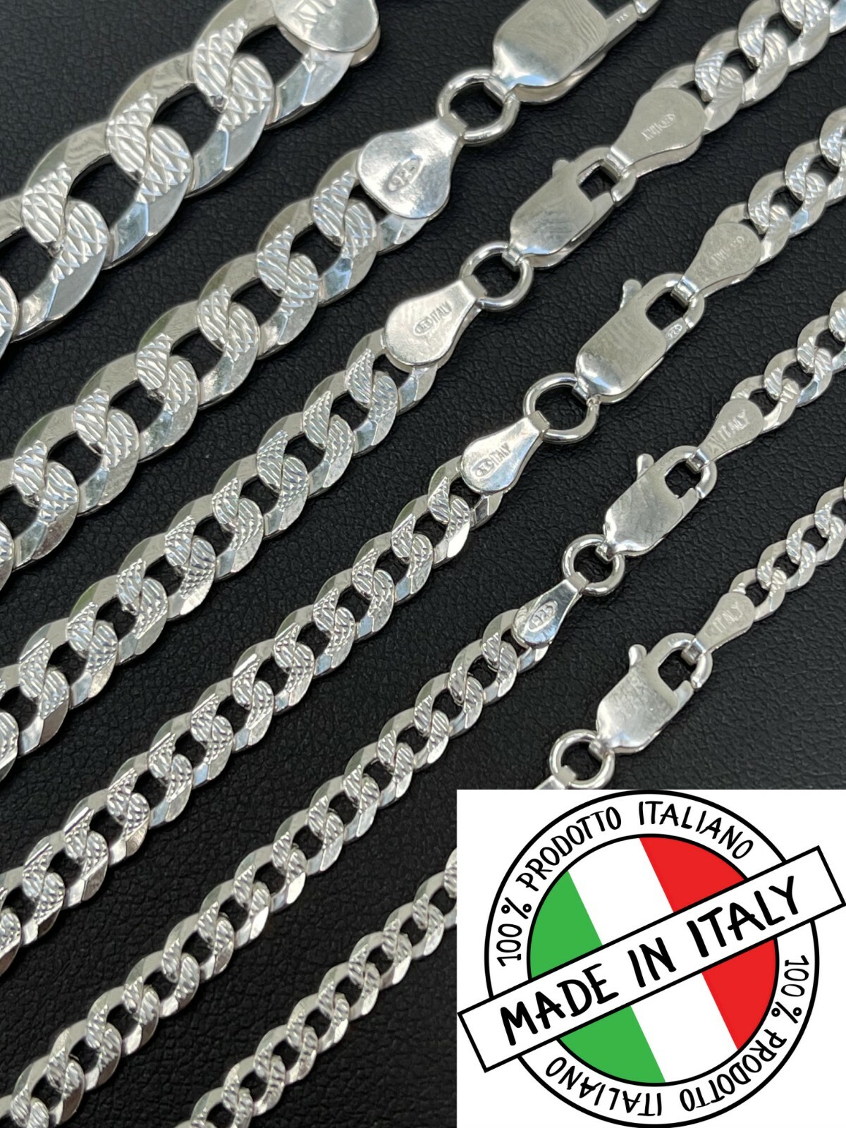 Cadena Cubana Miami Plana Diamantada Plata 925 Sólida Hombre Mujer 3-10.5mm