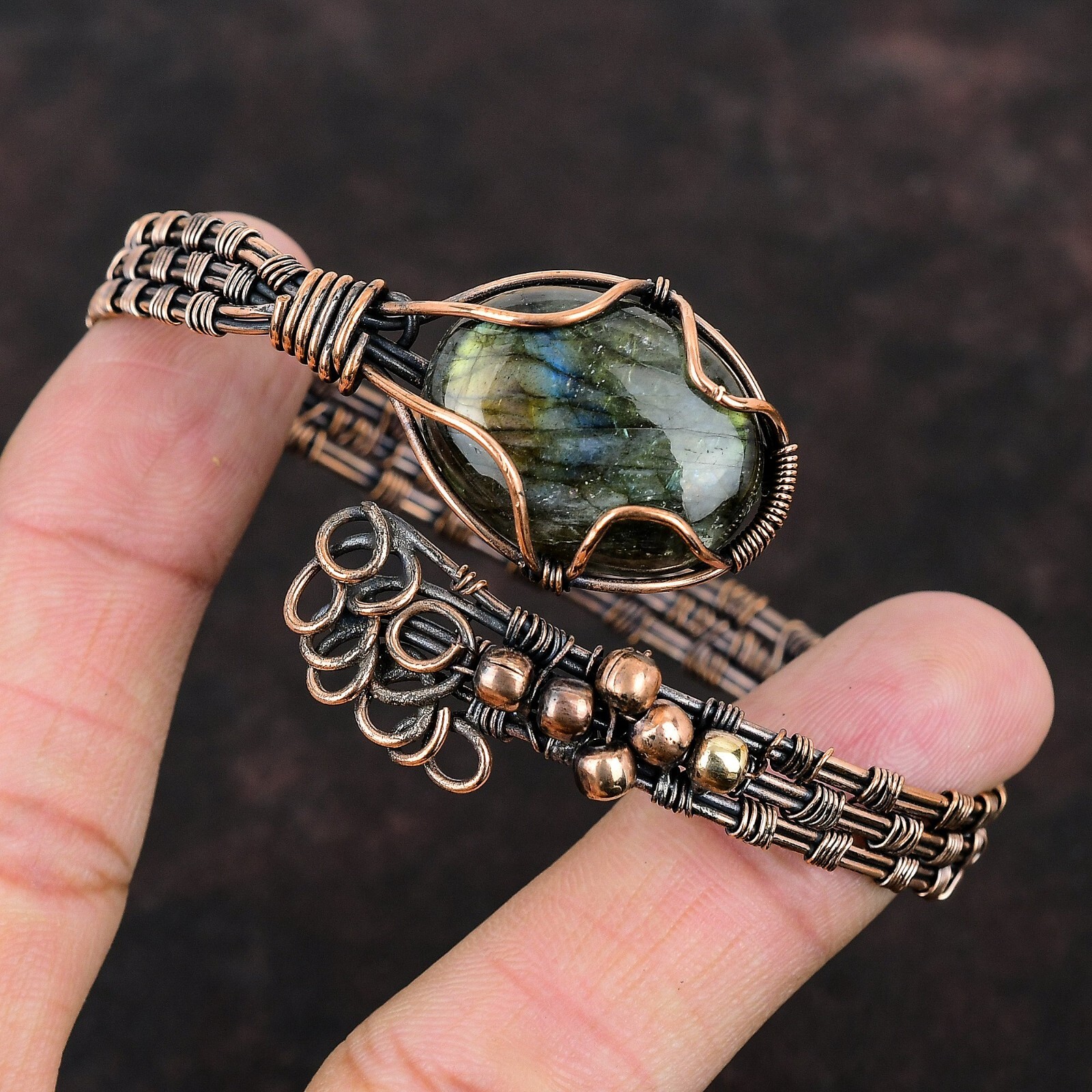 Labradorite Copper Gift For Bridesmaid Wire Wrapped Adjustable Bangle