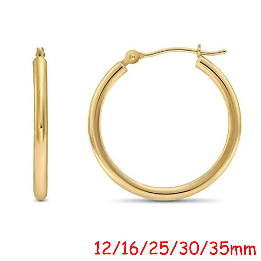 14K Real Solid Yellow Gold Shiny Polished Round Creole Hoop Earrings All Sizes