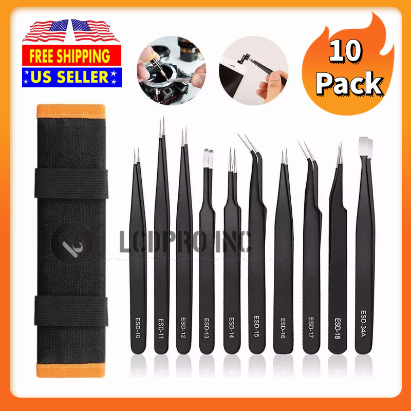 10 x ESD Precision Anti static Tweezers Set Stainless Steel Tool for Electronics