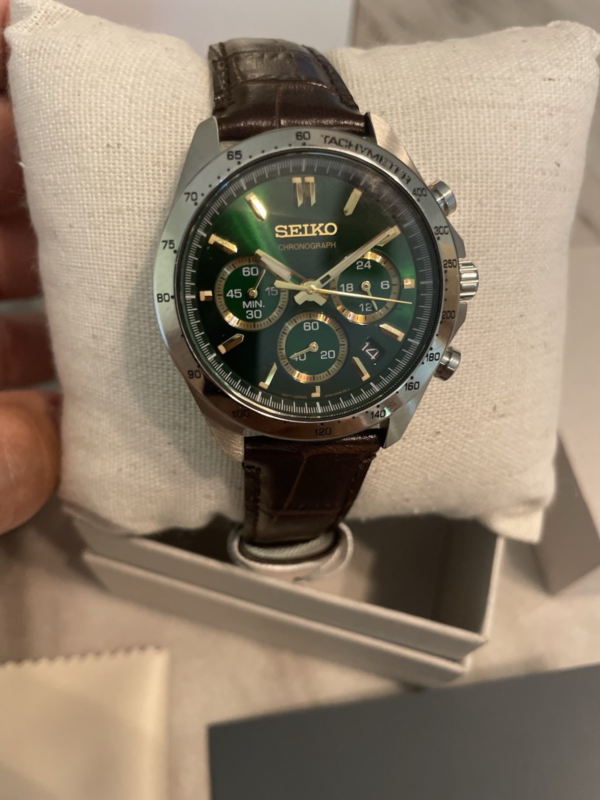 SEIKO Spirit SBTR017 Green Chronograph Quartz Leather band Men Watch New
