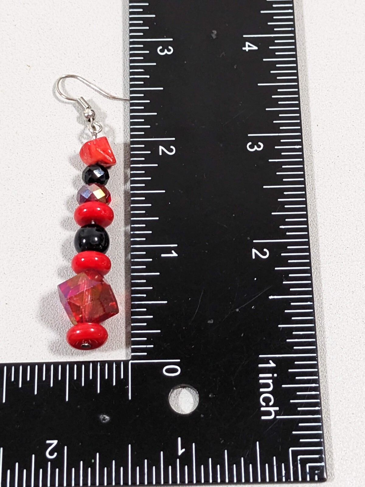 Artisan Red Black Stone Glass Stacked Bead Dangle Hook Earrings
