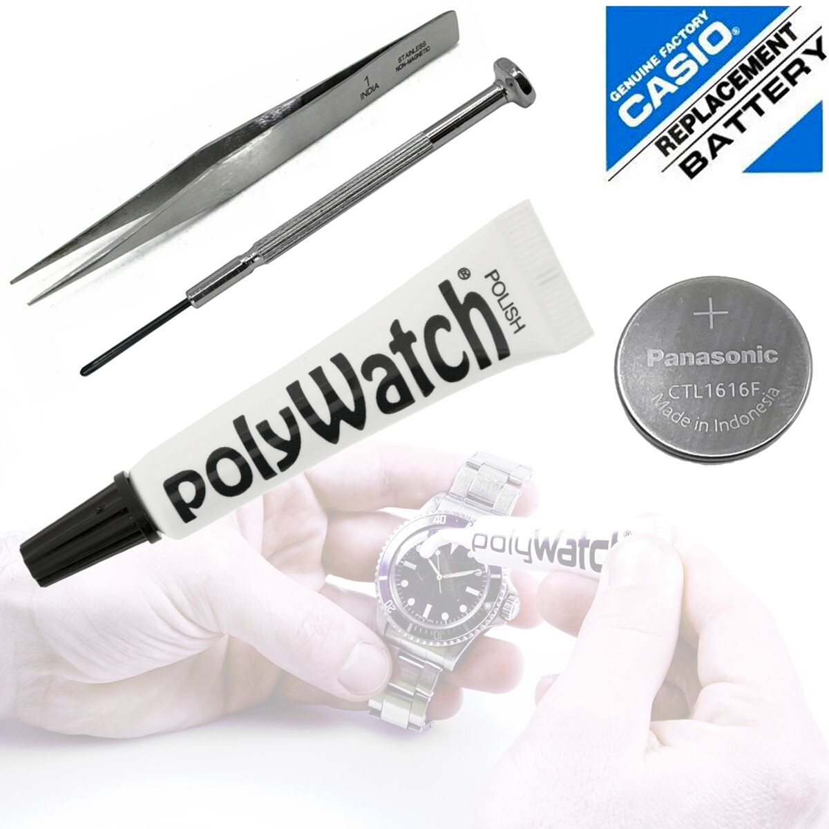 Panasonic CTL1616 Casio G-Shock Battery + POLYWATCH Watch Scratch Polish Kit
