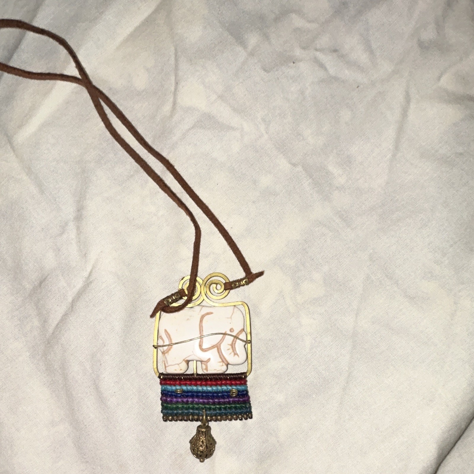 Multicolor Elephant Charm Pendant Necklace Adjustable Brown Cord Rectangle