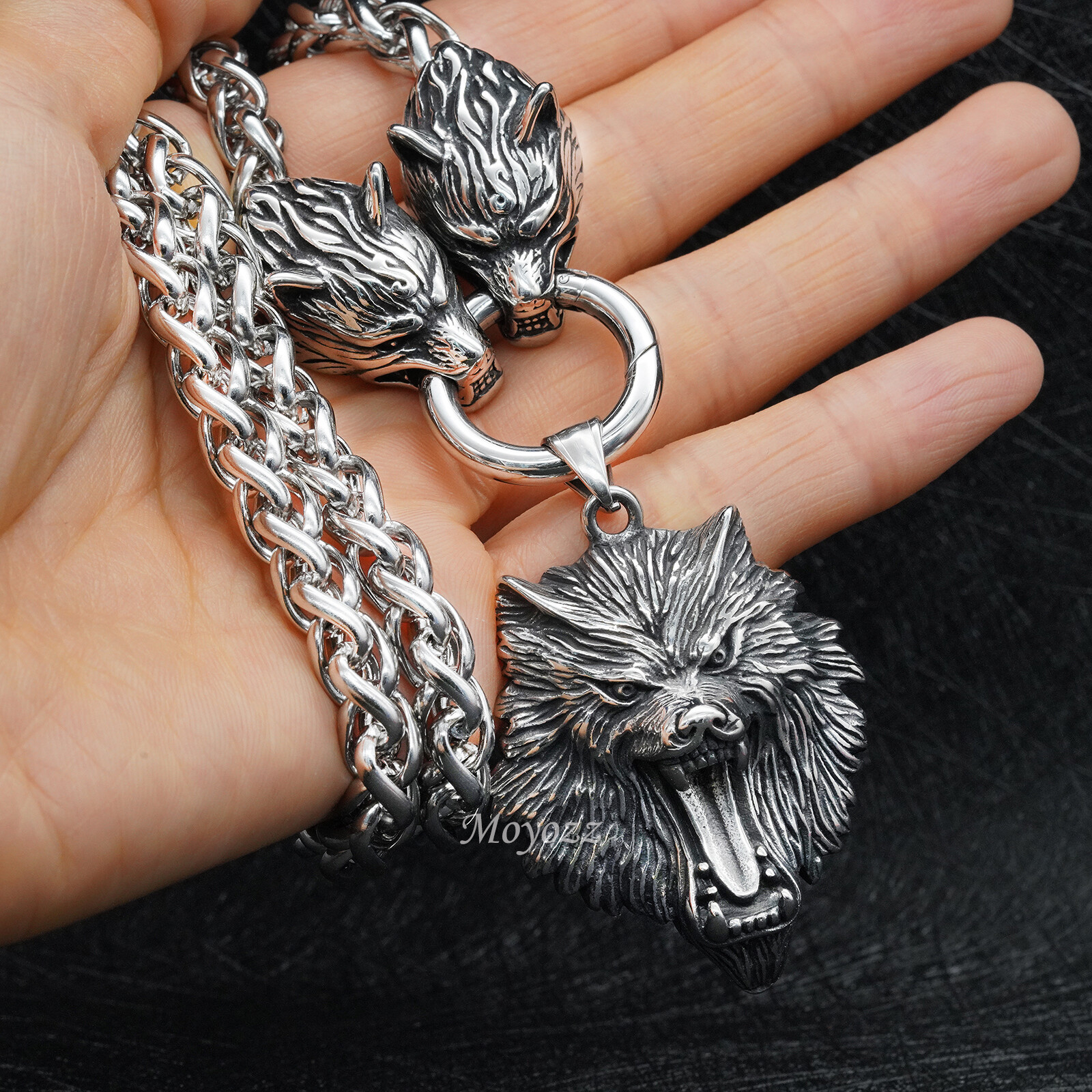 Mens 20 Inch Stainless Steel Viking Wolf Head Pendant Necklace Heavy Men 28 Inch