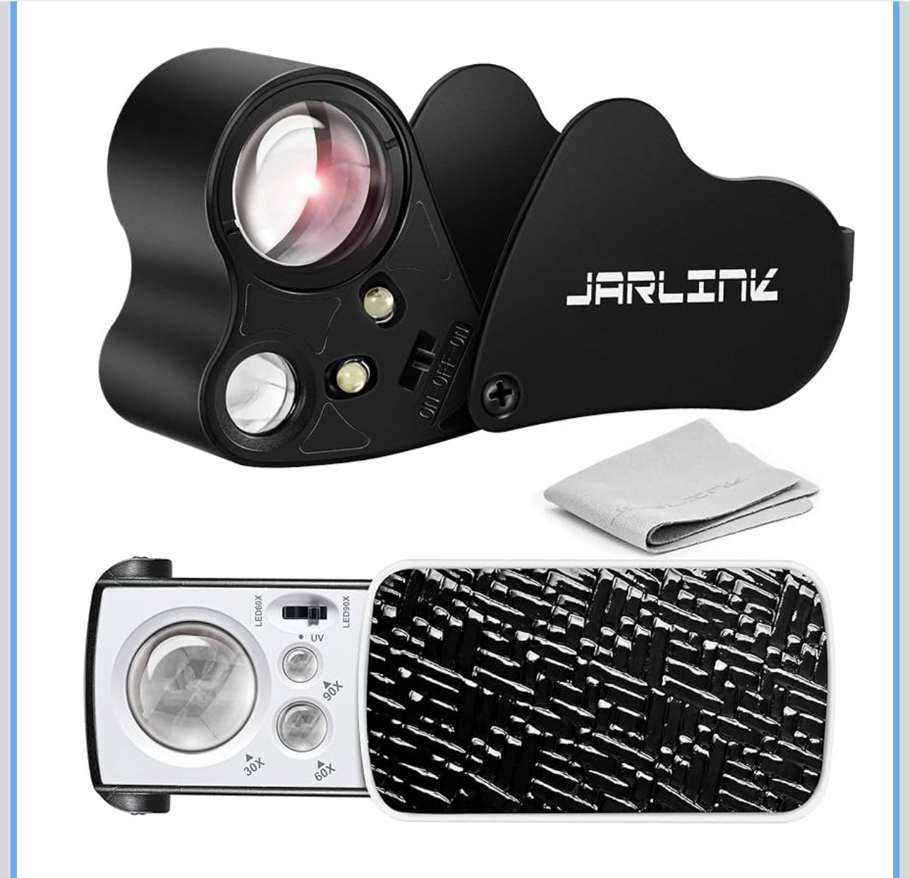 JARLINK 2 Pack Jewelers Loupe, 30X 60X 90X Illuminated Jewelers Eye Magnifier an