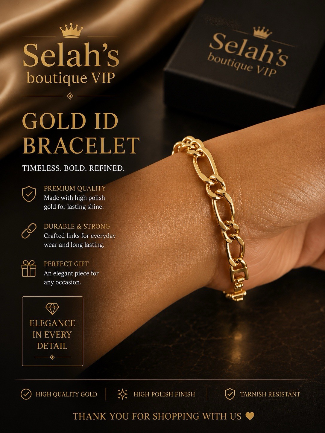 None tarnished none fade Gold tone High Polish ID Curb Link Bracelet Box Closure