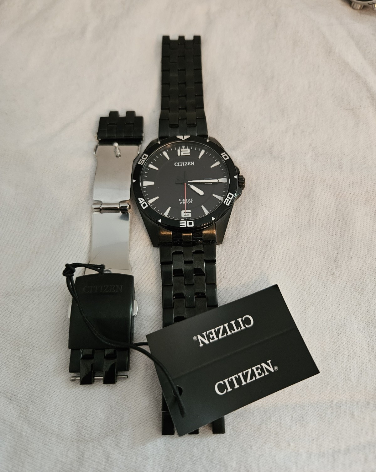 Citizen Quartz WR100 Men’s Black 100m Sport Watch Date Steel Bracelet w/ Box