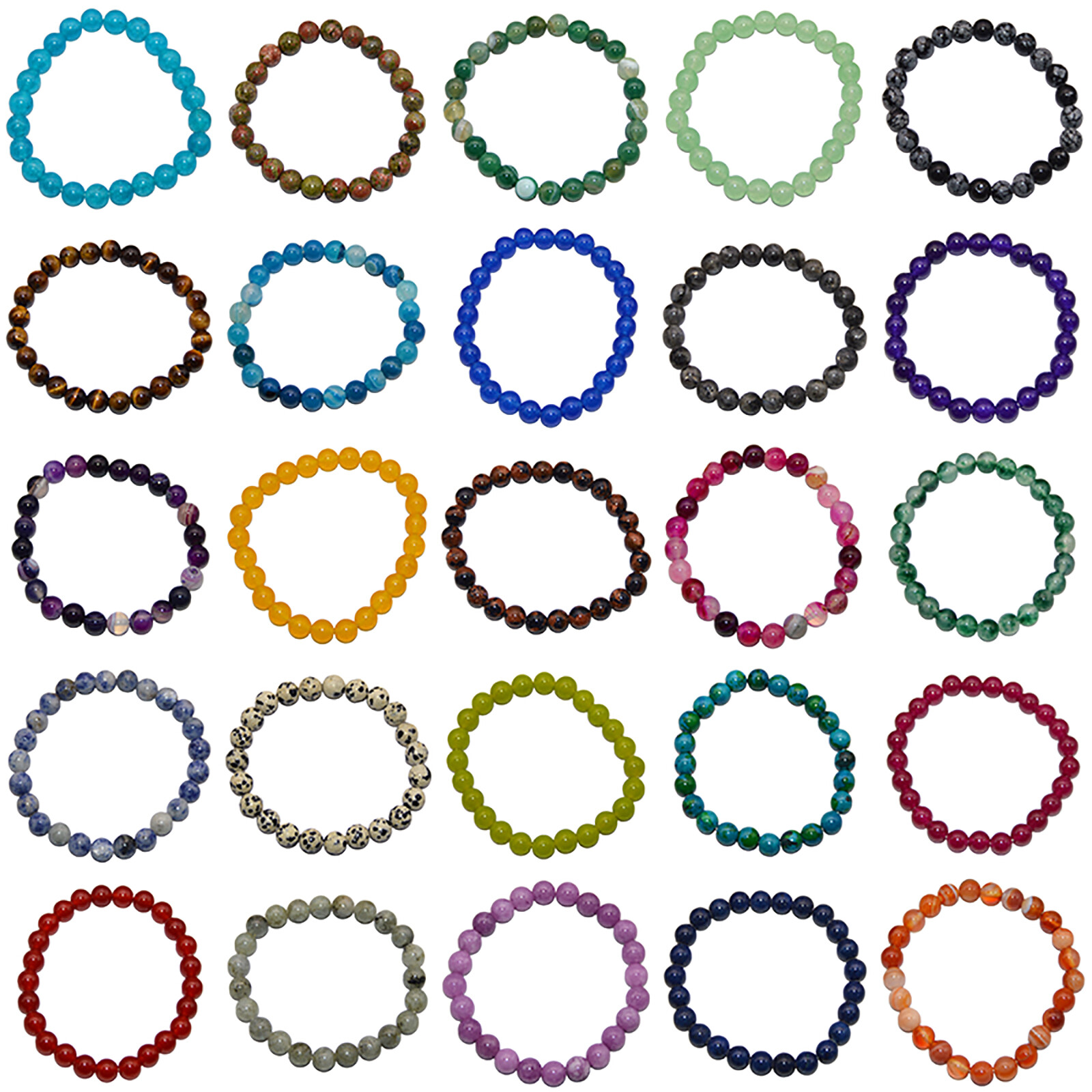 8mm Assorted Multicolor Natural Gemstone Round Beads Elastic Bracelet 7.5”