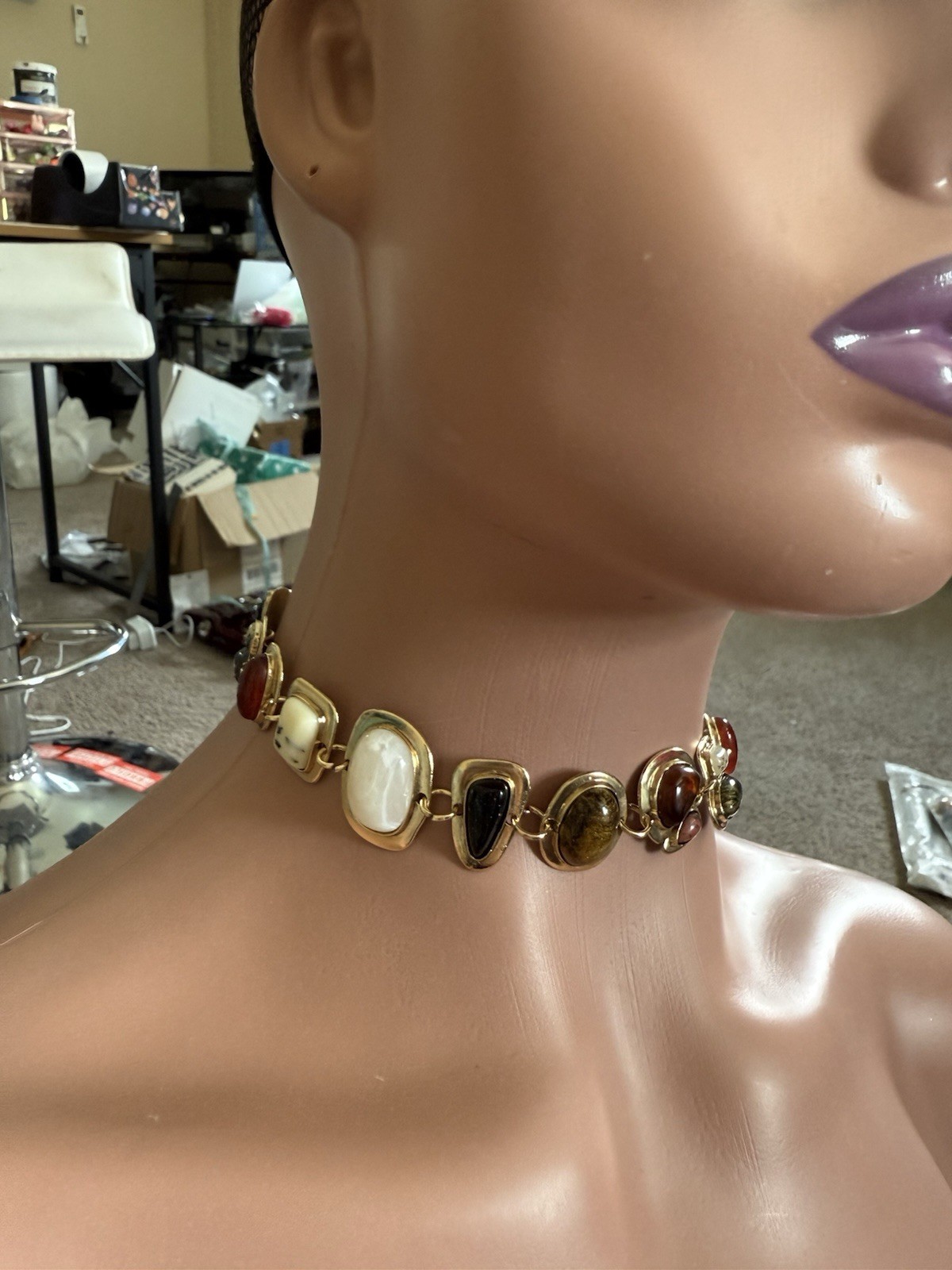 Gold Choker Necklace Chunky Statement White Brown Black