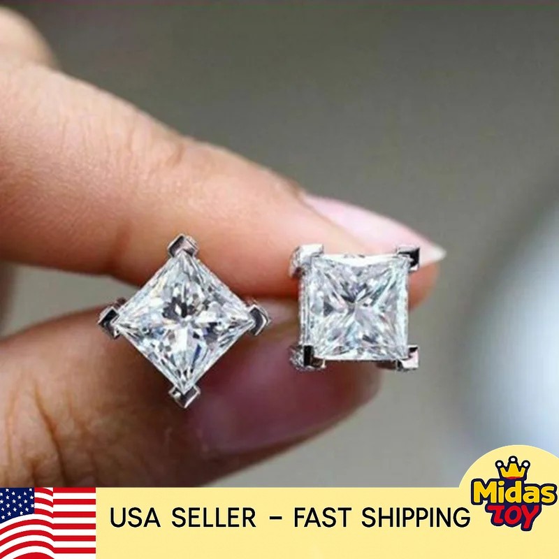 White Gold Princess Cut Diamond Stud Earrings Classic Minimalist Unisex Jewelry