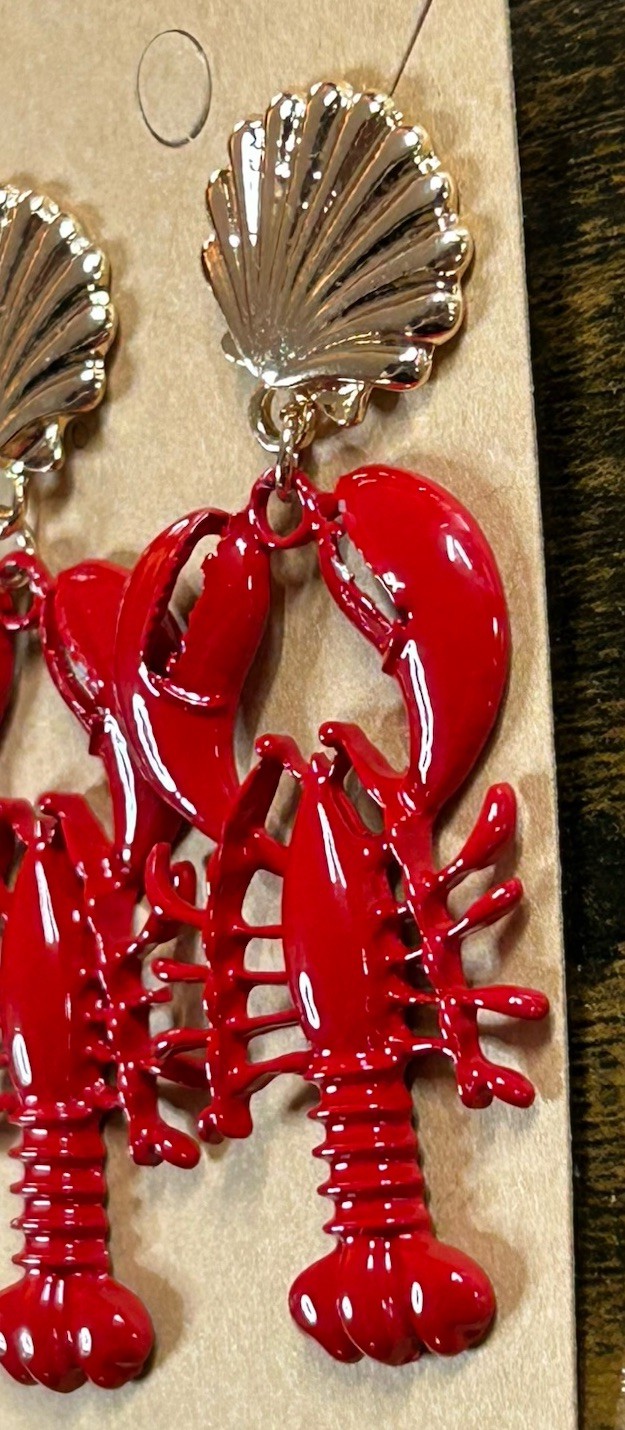 Beautiful Yellow Gold Plated & Red Enamel Lobster Crawfish Stud Earrings Dangle