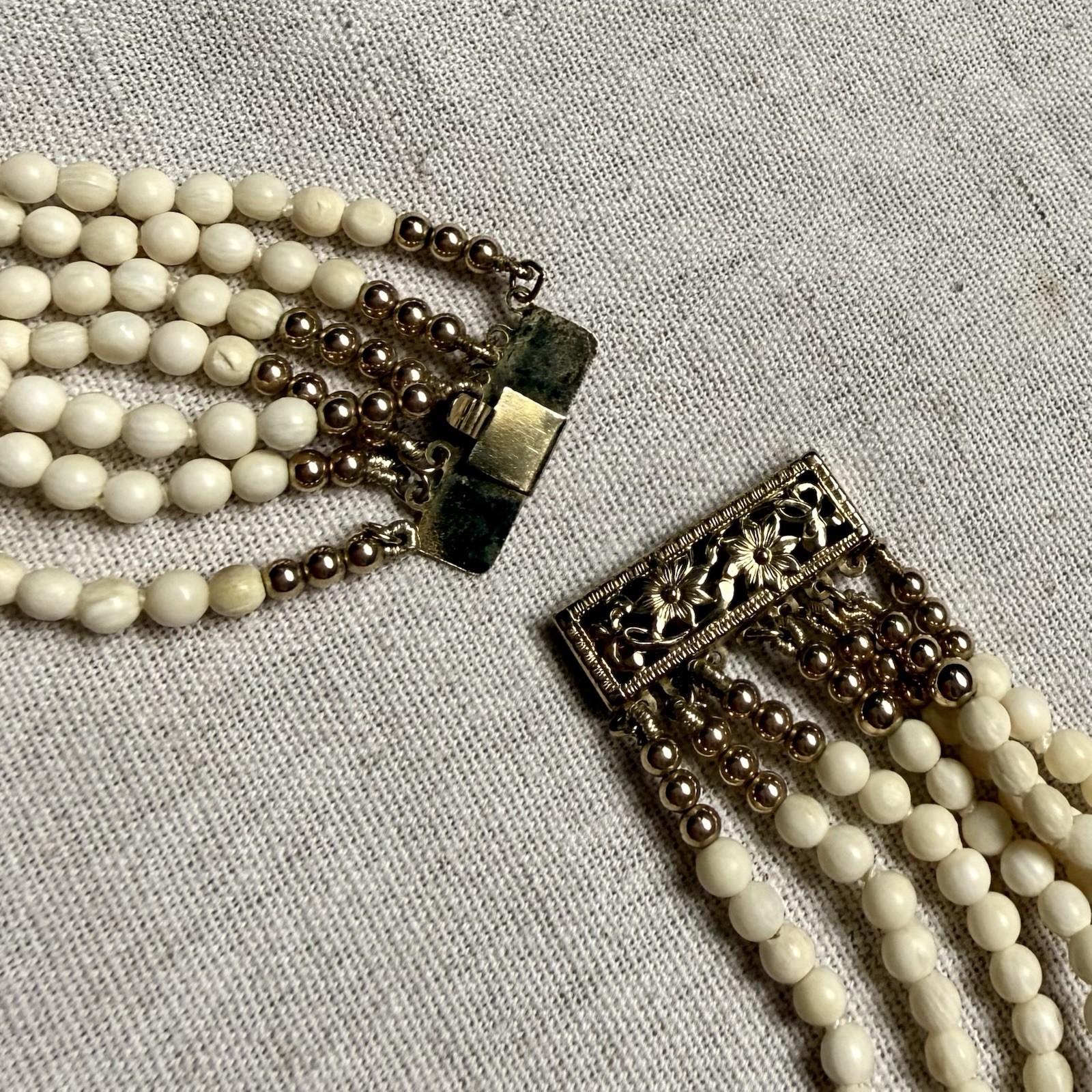 Vintage Gilt Sterling Bone Bead Multi Strand Modernist Necklace