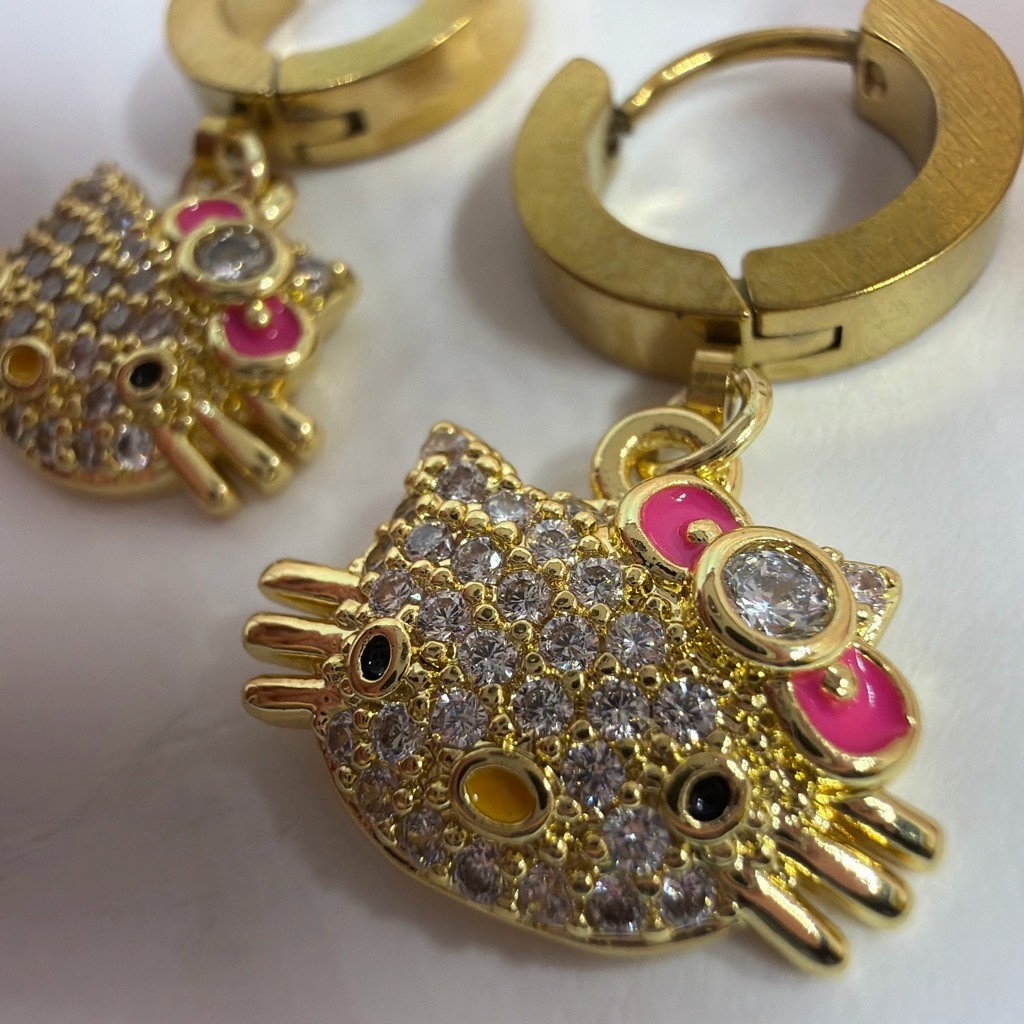 Gold Tone Hinged Hoop Dangle Cat Face Pink Bow Clear Crystal Earrings