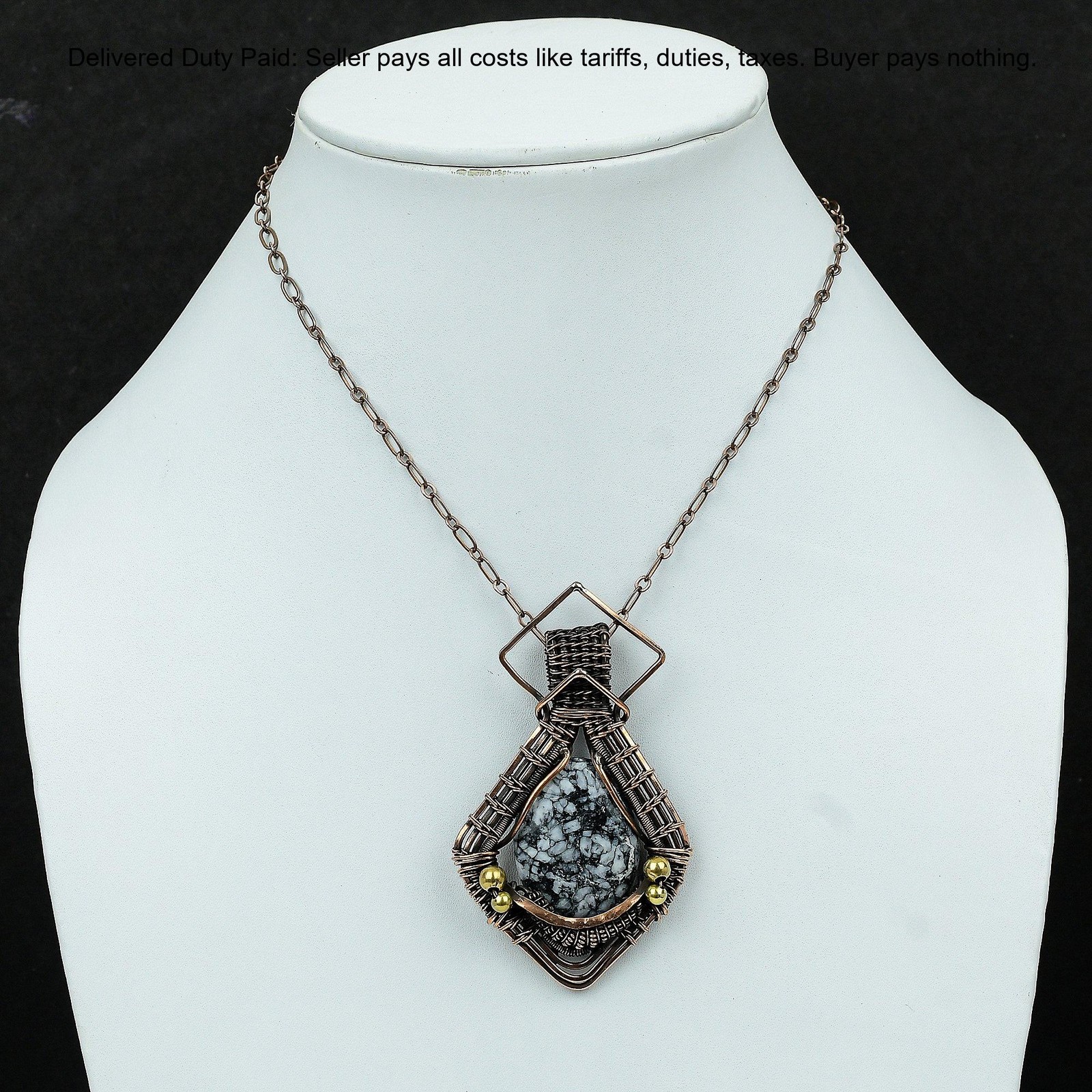 Copper Oval Pinolith Jasper Gemstone Wire Wrapping Daughter Boho Pendant Jewelry