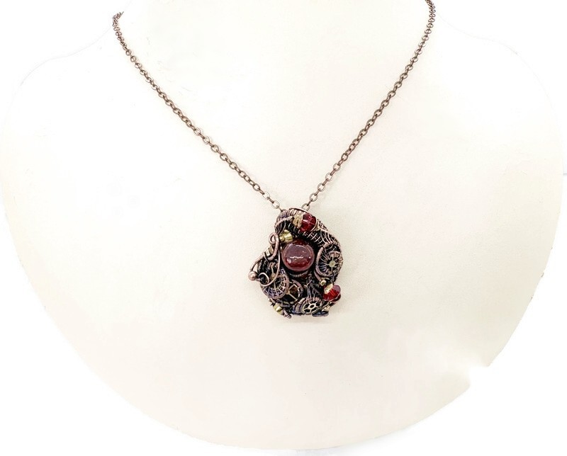 Red Liquid Steampunk Sensory Pendant: Bronze Wire-Wrapped Necklace