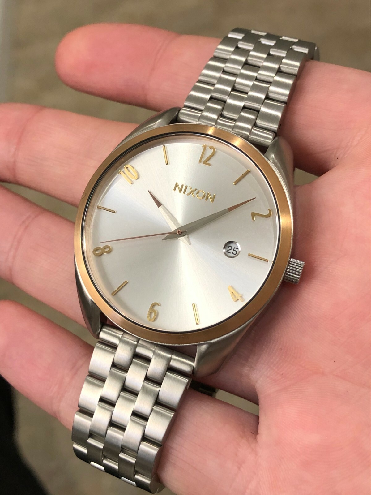 NIXON THE BULLET SATIN BRUSHED STAINLESS STEEL ROSE GOLD ACCENTS WATCH $299