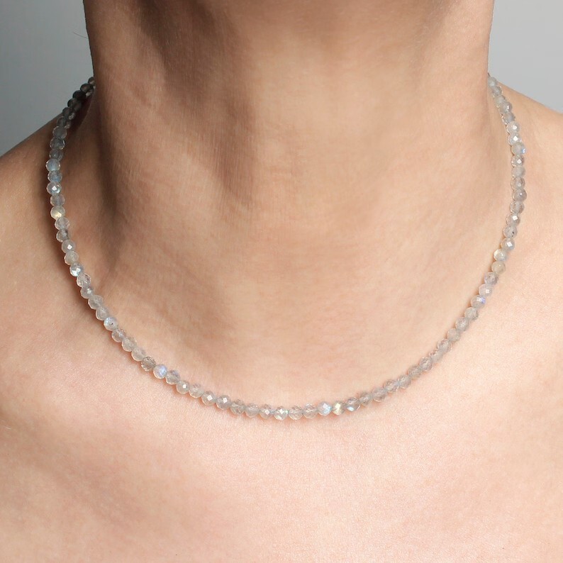 Natural 2mm Labradorite Crystal Gemstone Faceted Beads Dainty Choker Necklace