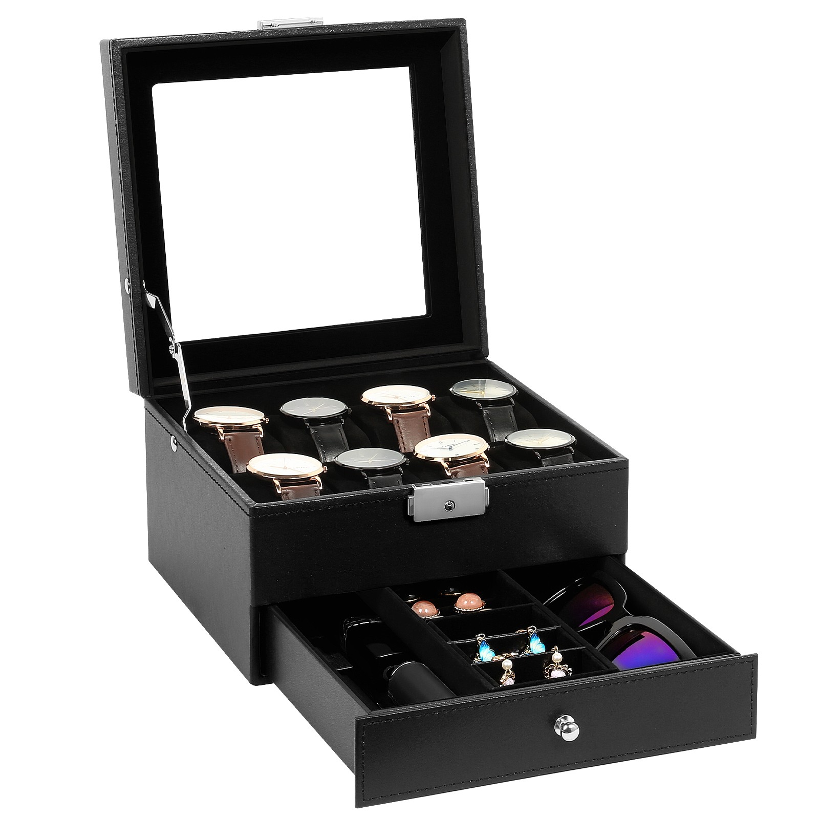 8-Slot Watch Box Lockable Watch Case 2 Layers with 1 Drawer for Rings Watch Gift