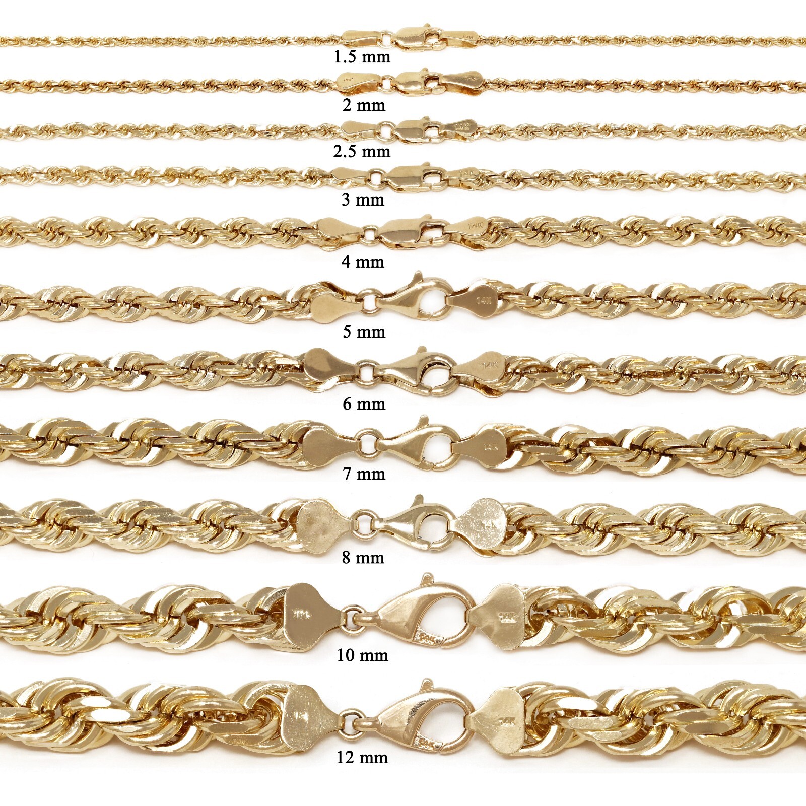 14k Yellow Gold Solid Diamond Cut Rope Chain Necklace 16″-30″ 1.5mm to 12mm