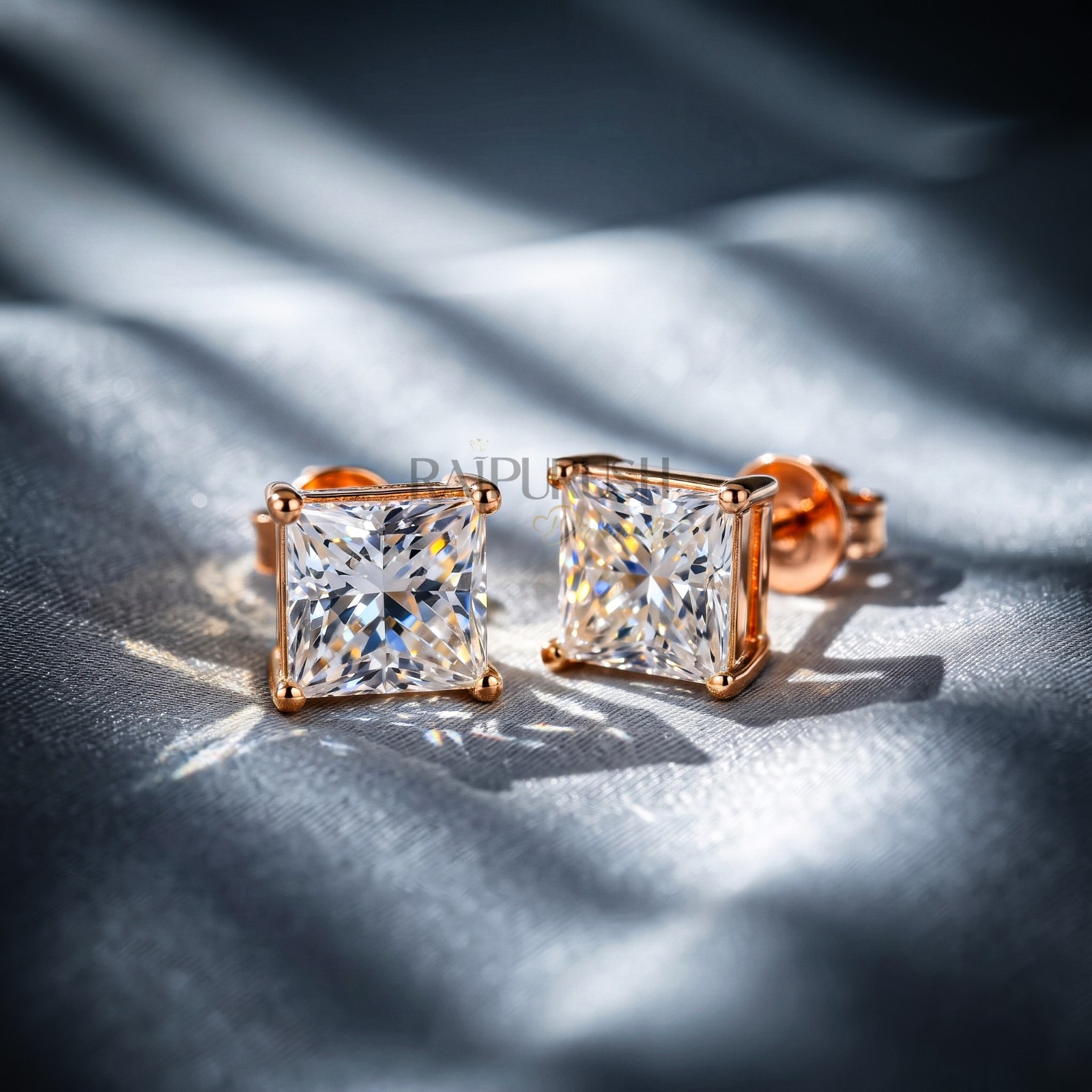 VVS1 Princess Cut Moissanite Solitaire Stud Earrings 14K Gold Plated 925 Silver