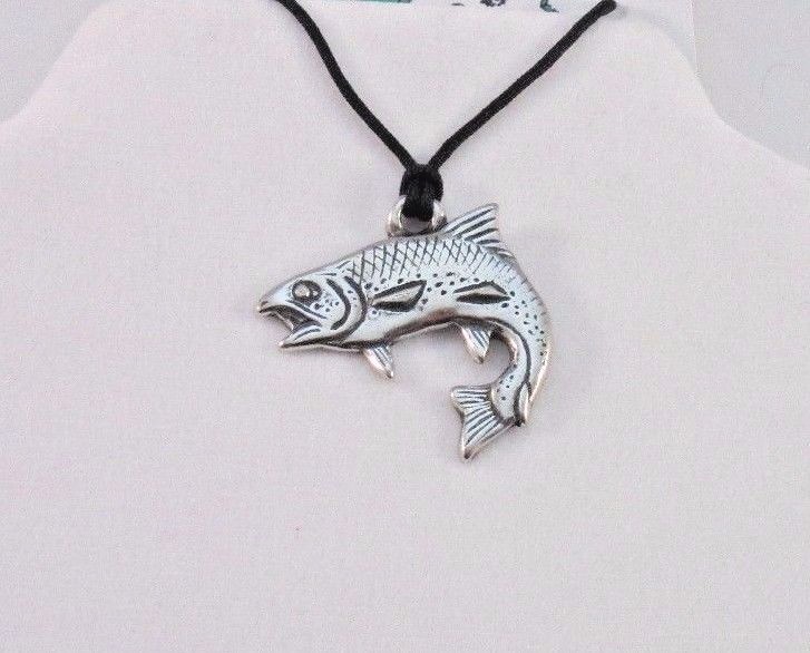 Trout Fish Pendant Lead free Safe Pewter 1.25″ Corded Made in USA Eco Smart