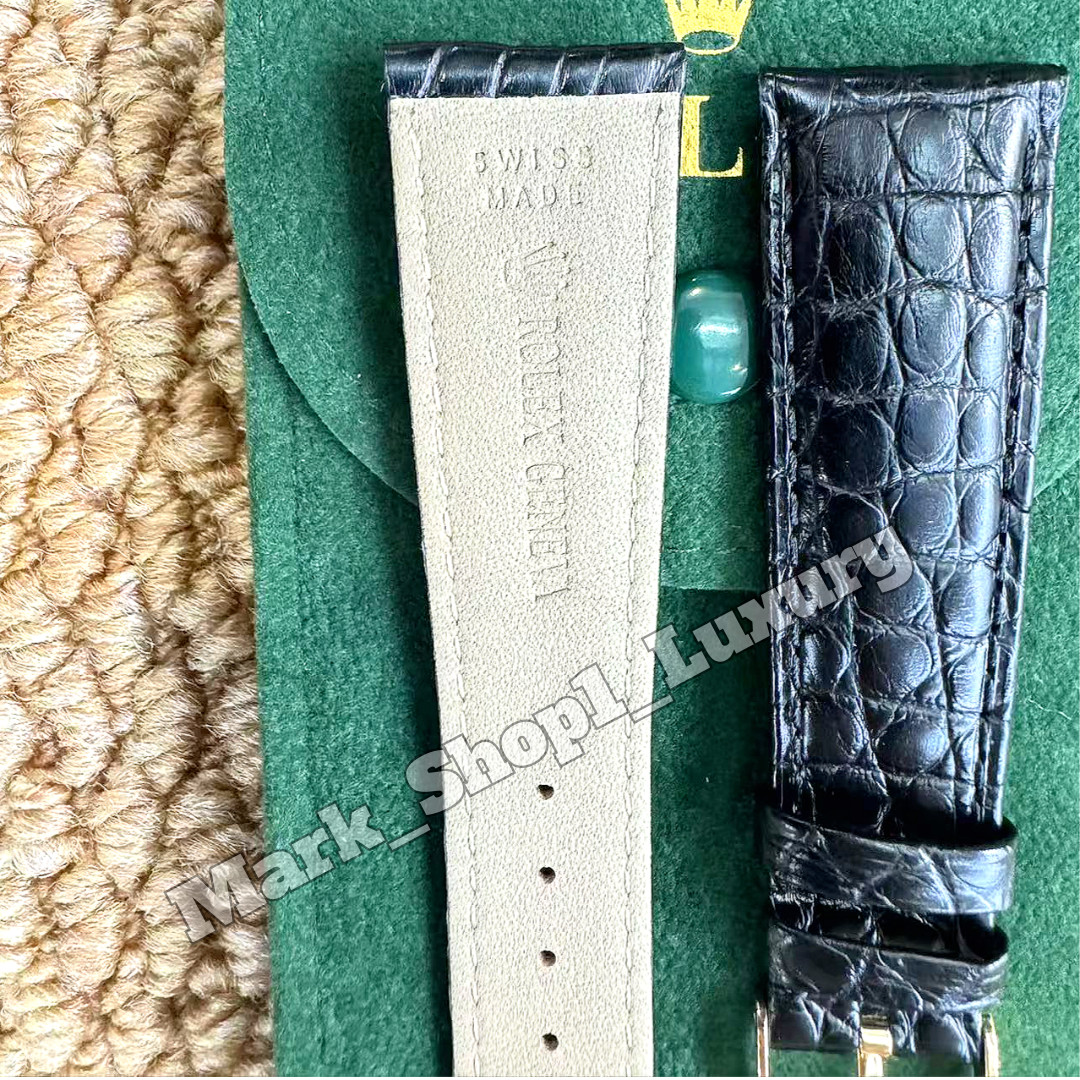 ROLEX Black Crocodile Leather Watch Strap Band 20-16mm Gold Buckle NOS Vintage
