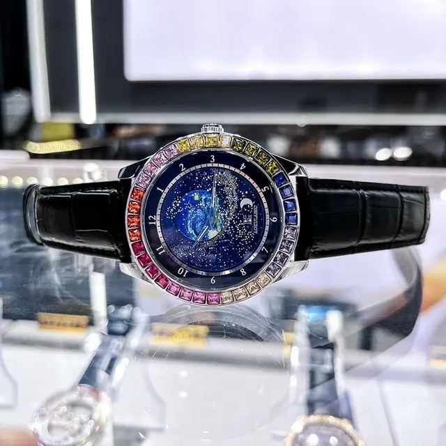 Luxury Rotating Star Dial Rainbow Case Automatic Men’s Watch Leather Strap