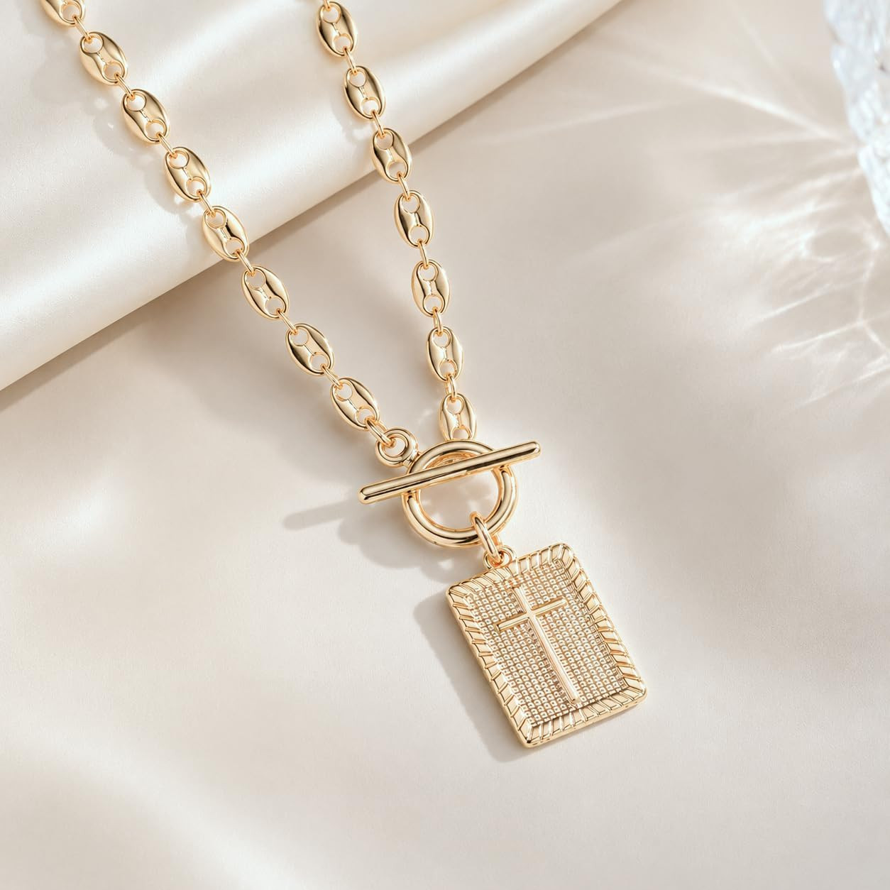 Gold Cross Necklace for Women Trendy Chunky Toggle Necklace 14K Gold Plated Cros