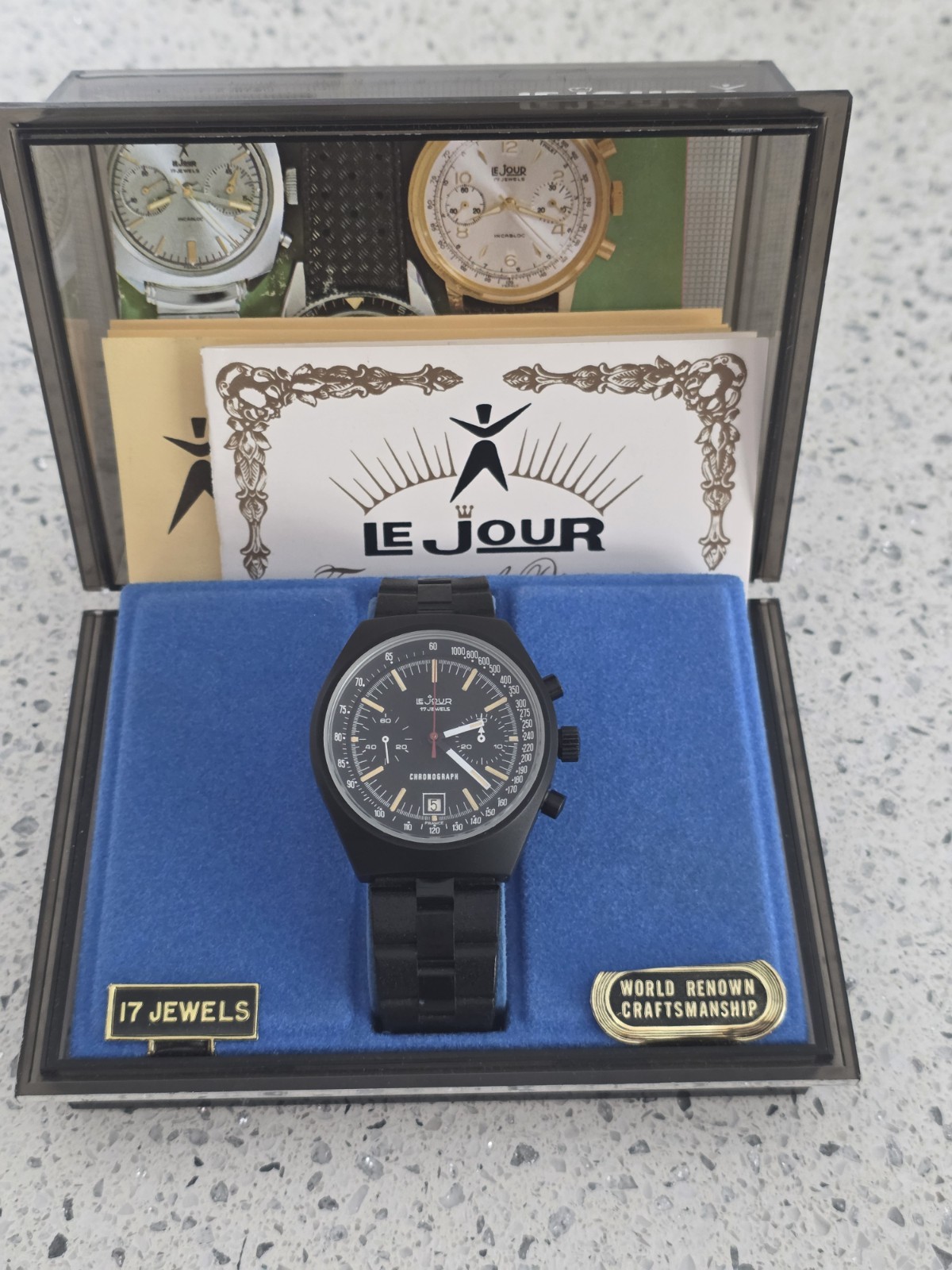 NOS LeJour 17J Manual Wind Chronograph Black PVD Set Box Papers Bracelet Rare