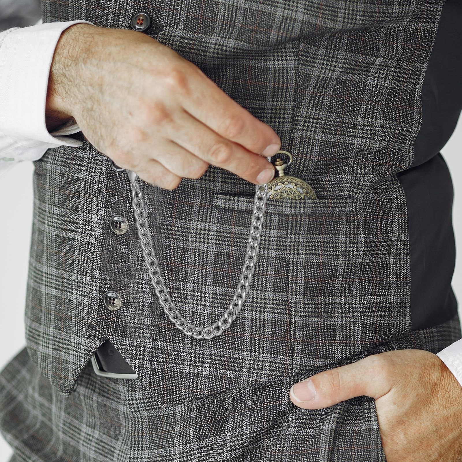 Silver Pocket Watch Chain with T-Bar, 14 Inch Pocket Watch Chains for Men, Silve