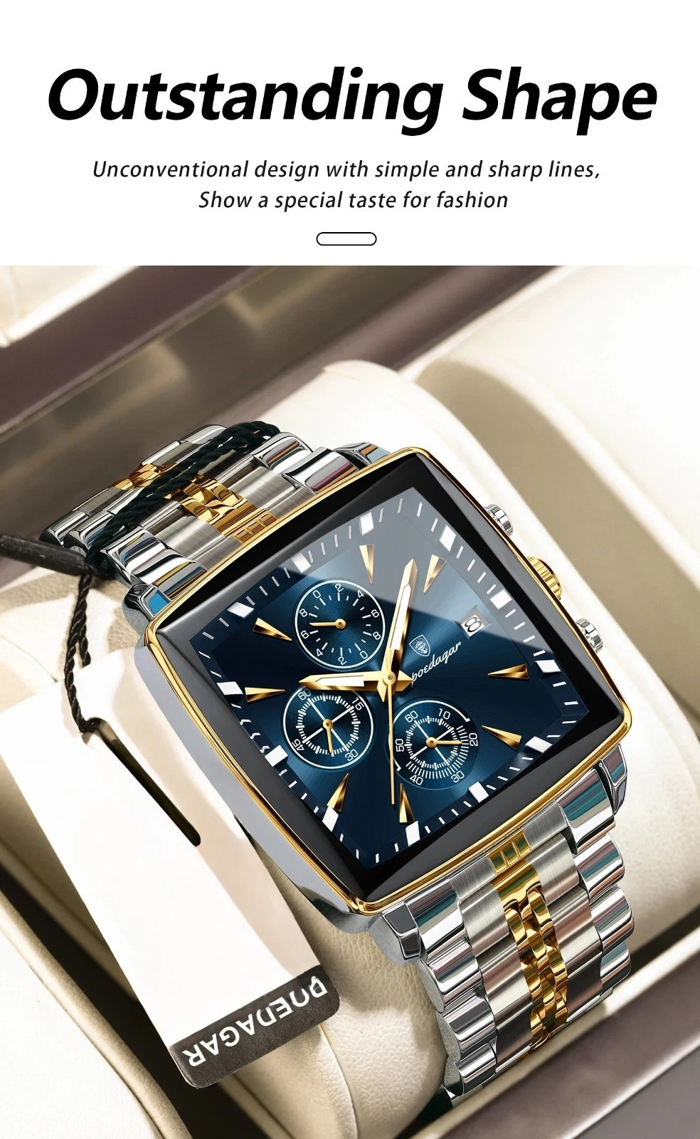 Luxury Men’s Watch Square Stainless Steel Waterproof Luminous Chrono