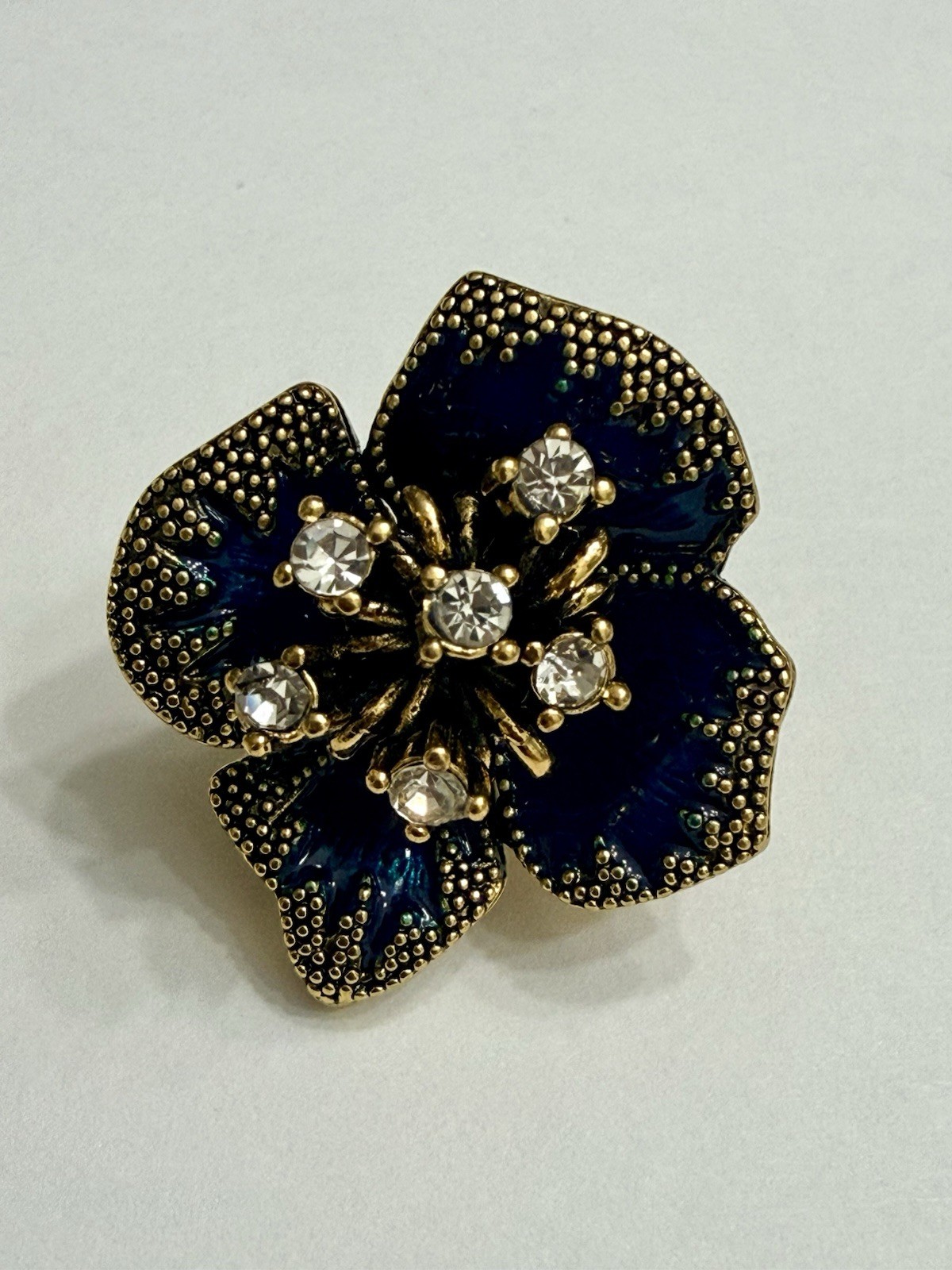 Stud Earrings Blue Enamel Flower Cluster Clear Rhinestone Screw Back Gold