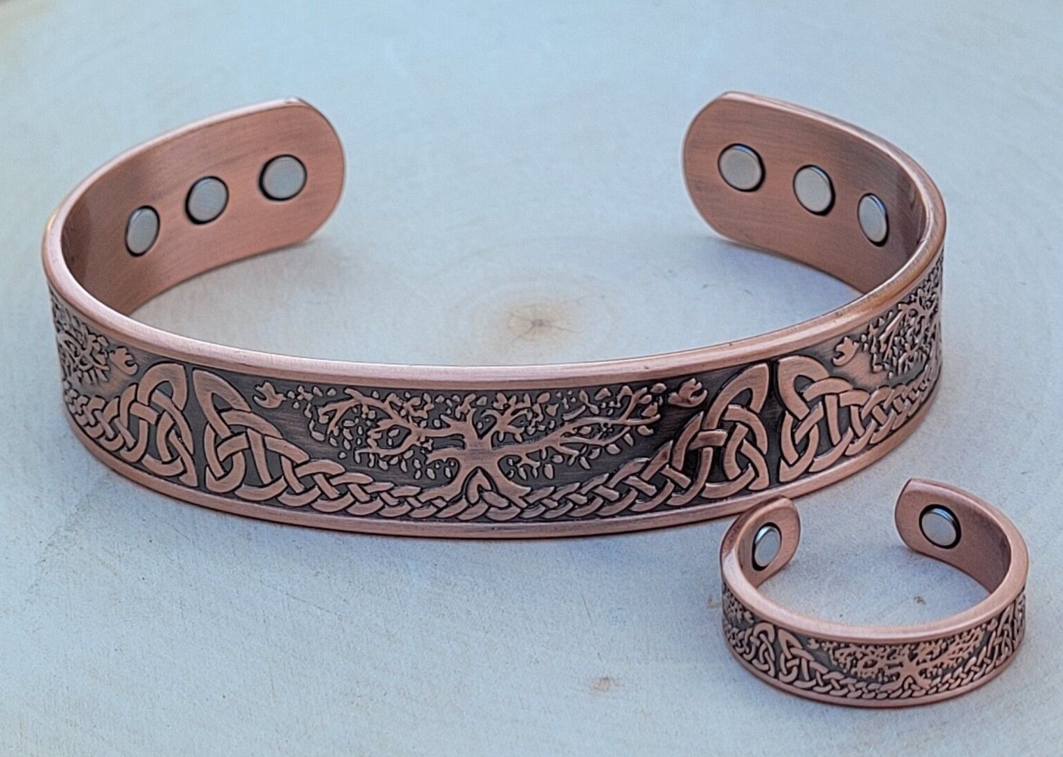 Solid Copper Magnetic Bracelet Ring Set Arthritis Cuff Ring Set Tree Of Life