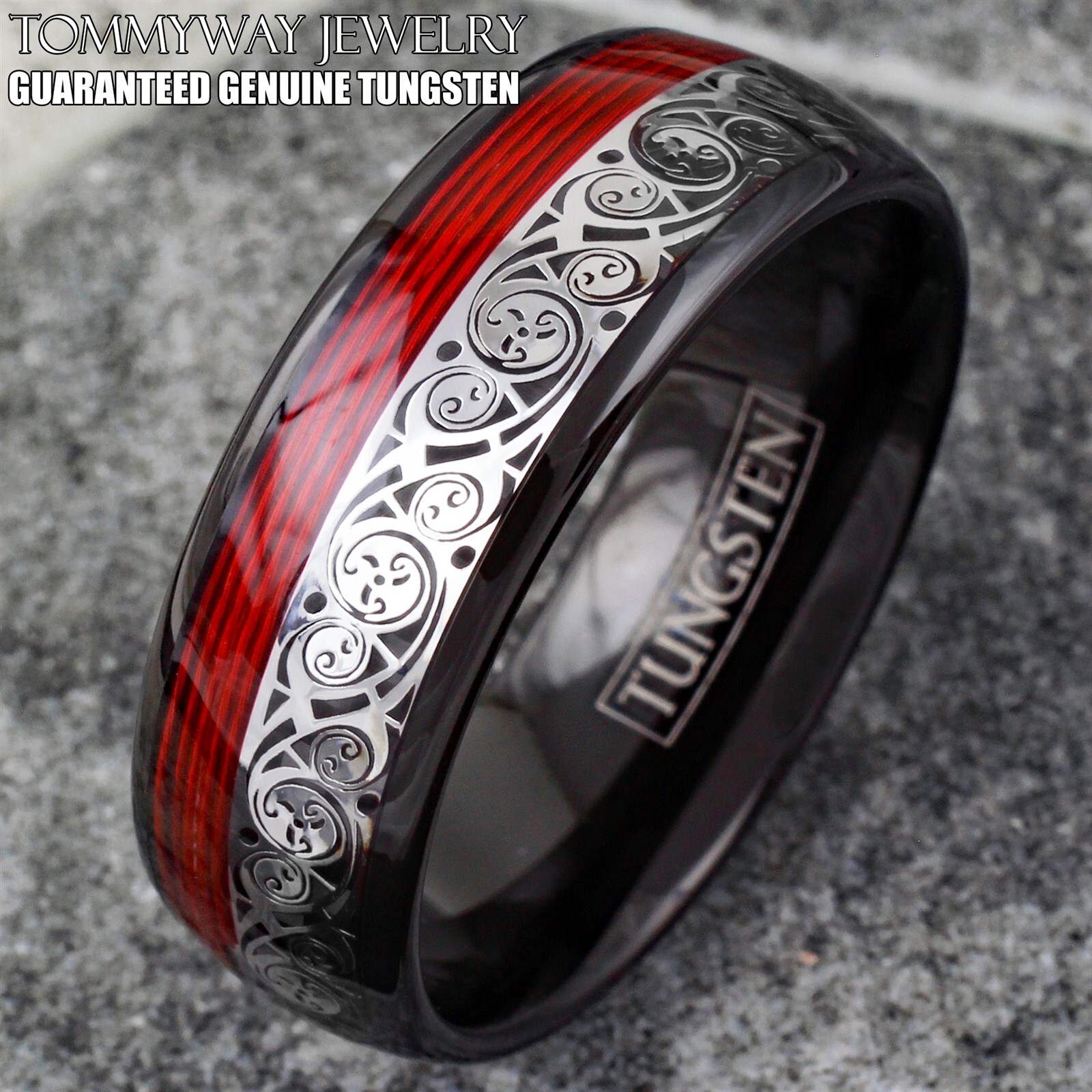Black Men’s Tungsten Carbide Clockwork Gears & Red Wire Wedding Band Ring