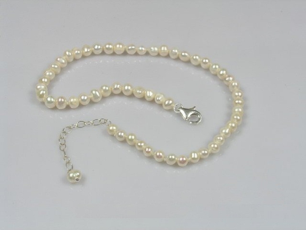 Cultured Freshwater White Seed Pearl & Sterling Silver 10″-12″ Ankle Bracelet