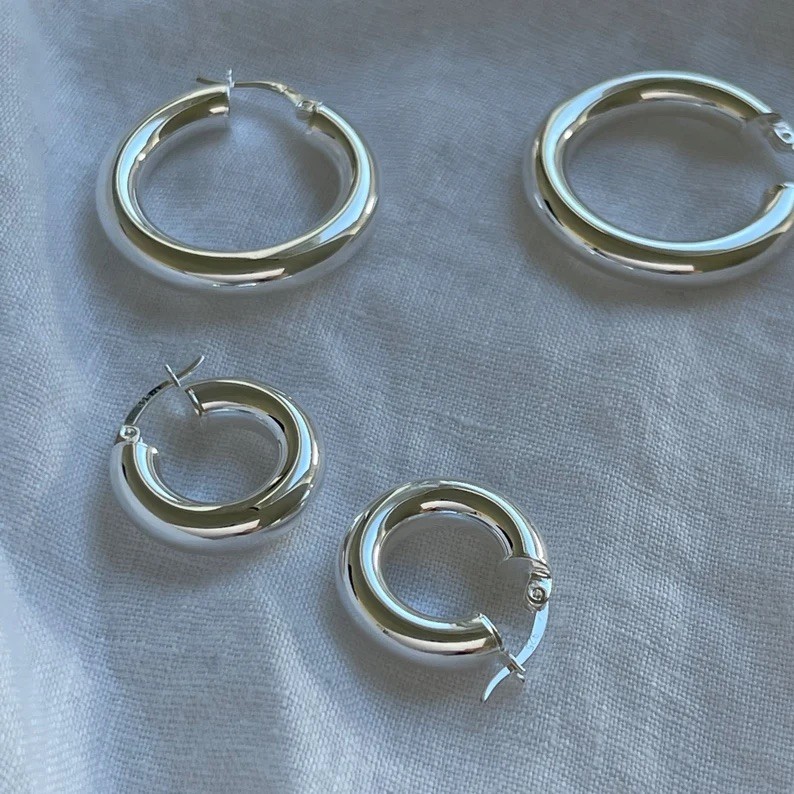 Chunky Sterling Silver Hoop Earrings: Medium Thick Solid Silver Hoops
