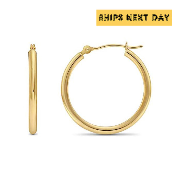14K Real Solid Yellow Gold Shiny Polished Round Creole Hoop Earrings All Sizes