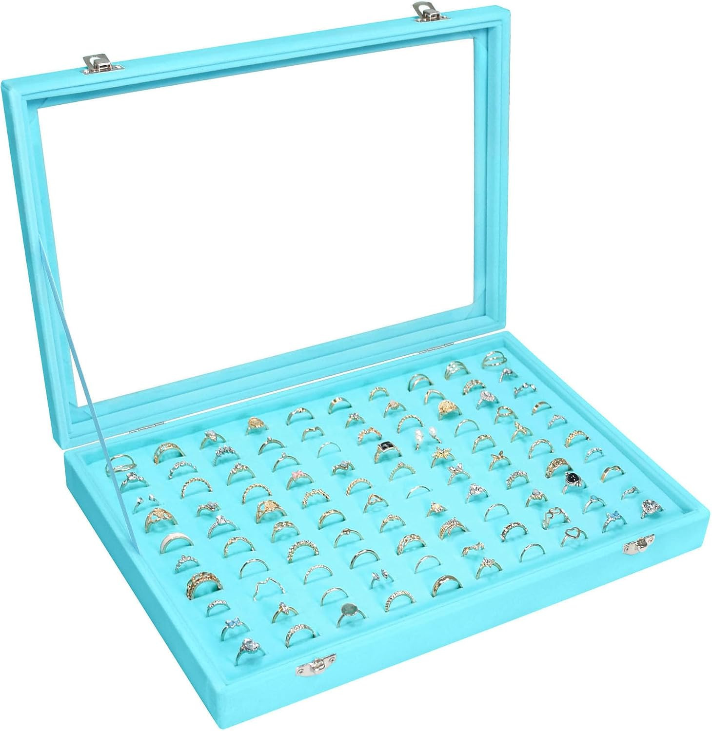 Velvet Ring Display Tray 100 Slot Jewelry Organizer Box Earring Holder Clear Lid