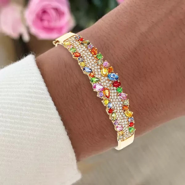 10 Ctw Created Multicolor Sapphire Cluster Rainbow Bangle 14k Yellow Gold Plated