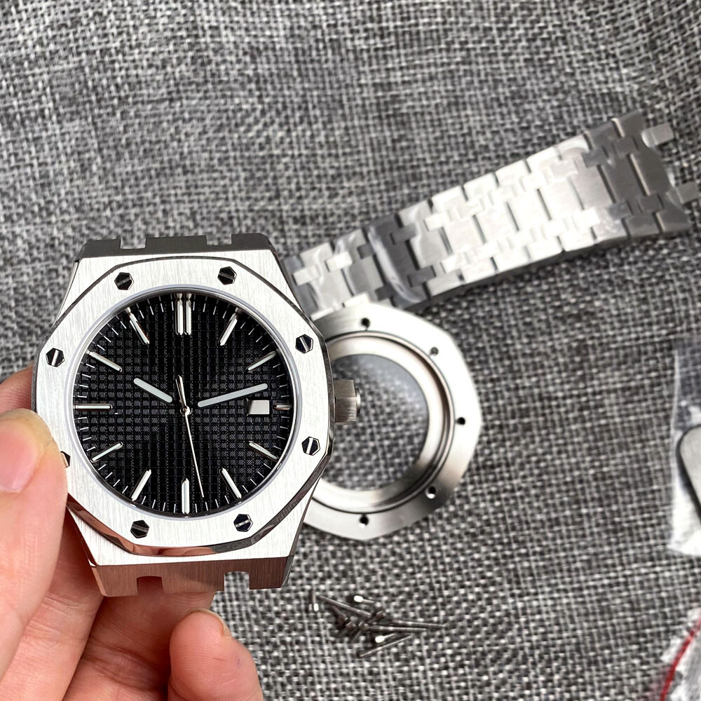 42mm Brushed Watch Case Bracelet 31.7mm Black Blue Dial Fit NH35 NH36 Sapphire